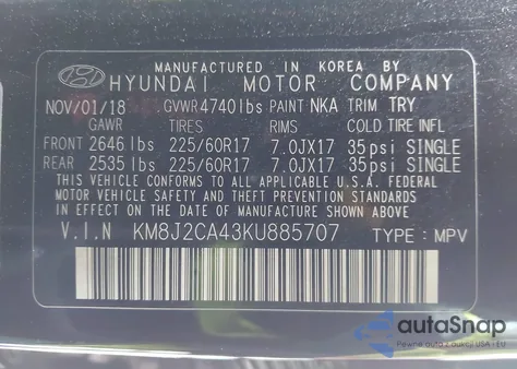 2019 Hyundai Tucson Se from USA, damaged, VIN KM8J2CA43KU885707